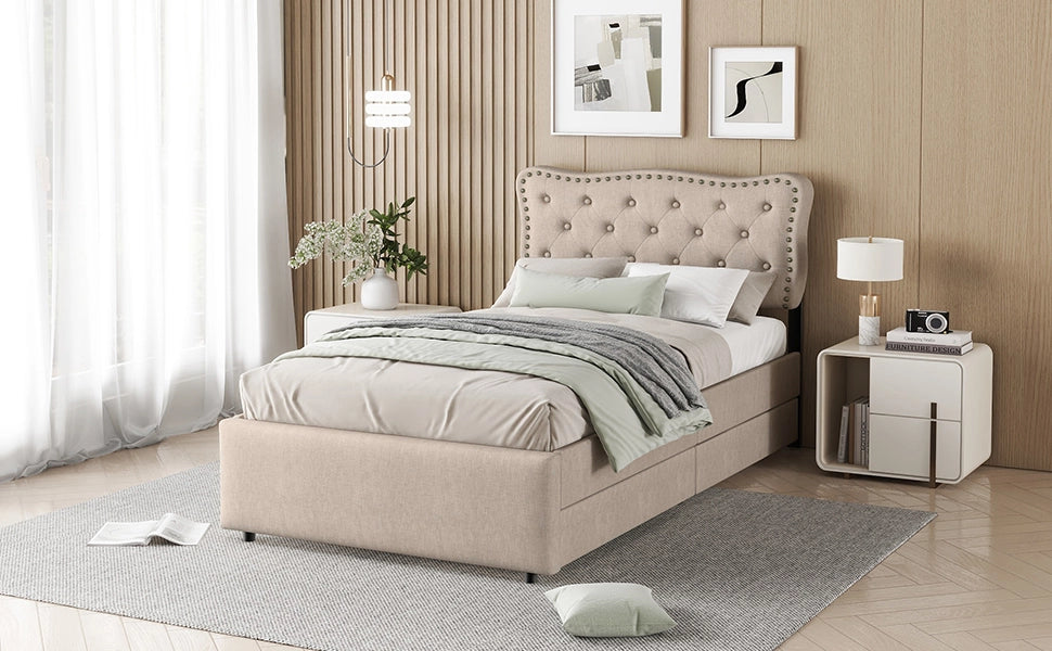 DESMIU Letto singolo 90 × 200 cm con 2 cassetti, testiera regolabile, senza materasso, in MDF e lino, beige