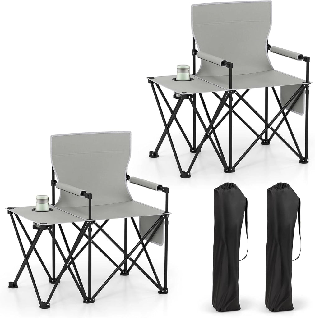 Sedia da Campeggio con Tavolino Laterale, Sedia da Picnic Pieghevole con 2 Tasche, Portabicchieri, Braccioli Imbottiti, Borsa da Trasporto, Portata 150 kg (Grigio)