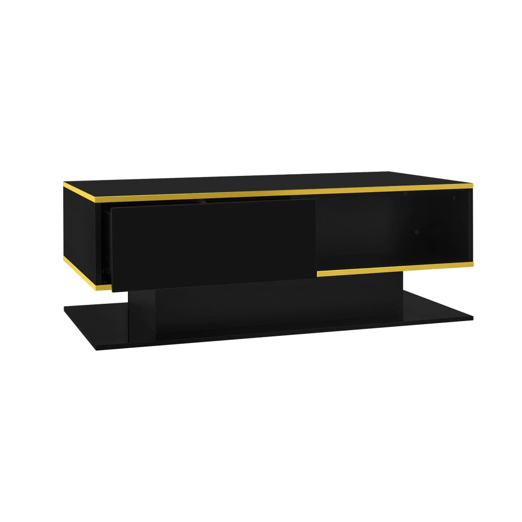 Tavolino da Salotto Moderno 100 cm con Luci LED e 3 Cassetti; Finitura Lucida; Nero e Oro