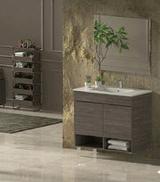 Mobile Bagno NEBARI Già Montato 2 portas, lavabo e specchio Rovere affumicato 90x45 cm