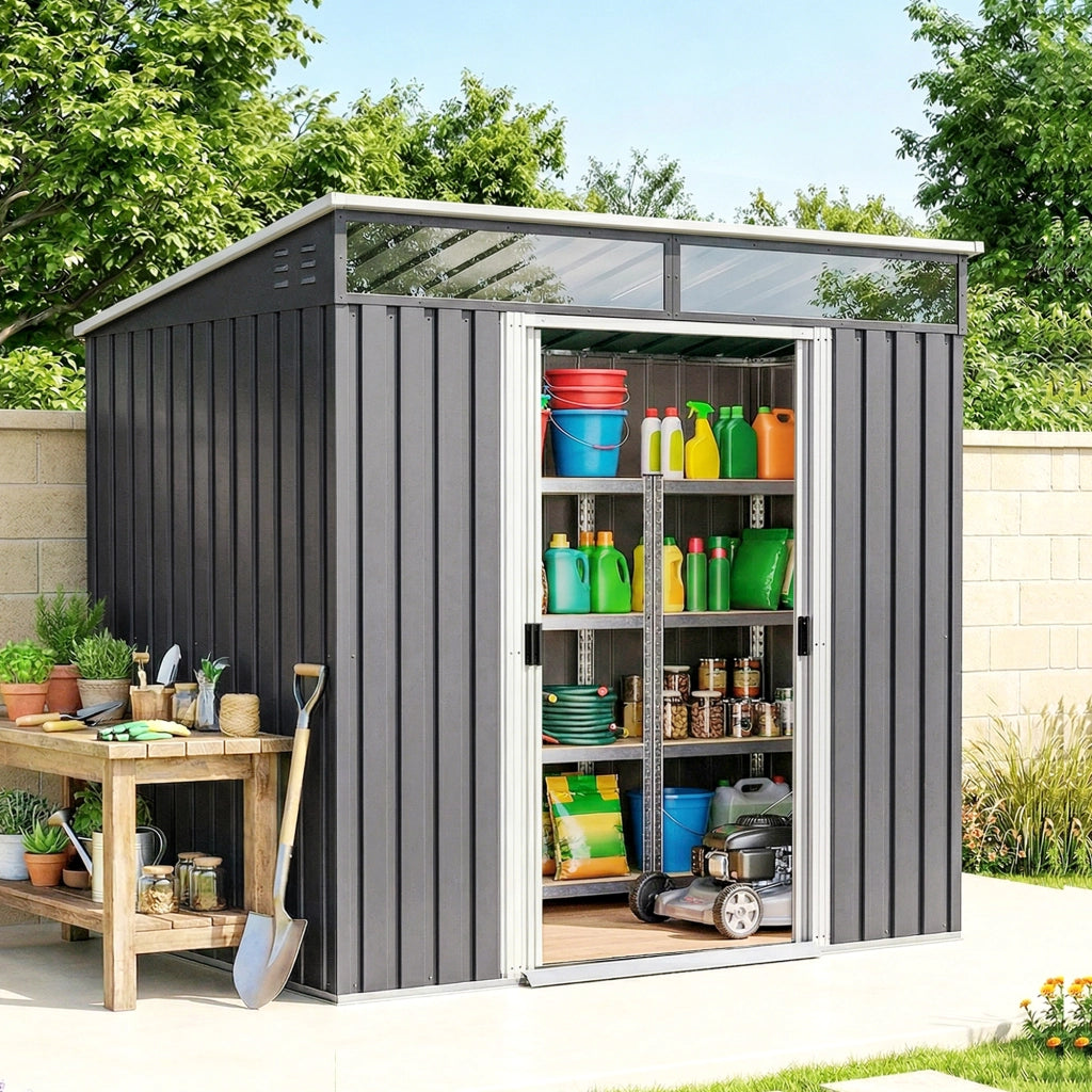 Casetta da Giardino Porta Attrezzi ¨C Xylo ¨C Acciaio Zincato Grigio 195x122x181.5 cm con 4 Finestre