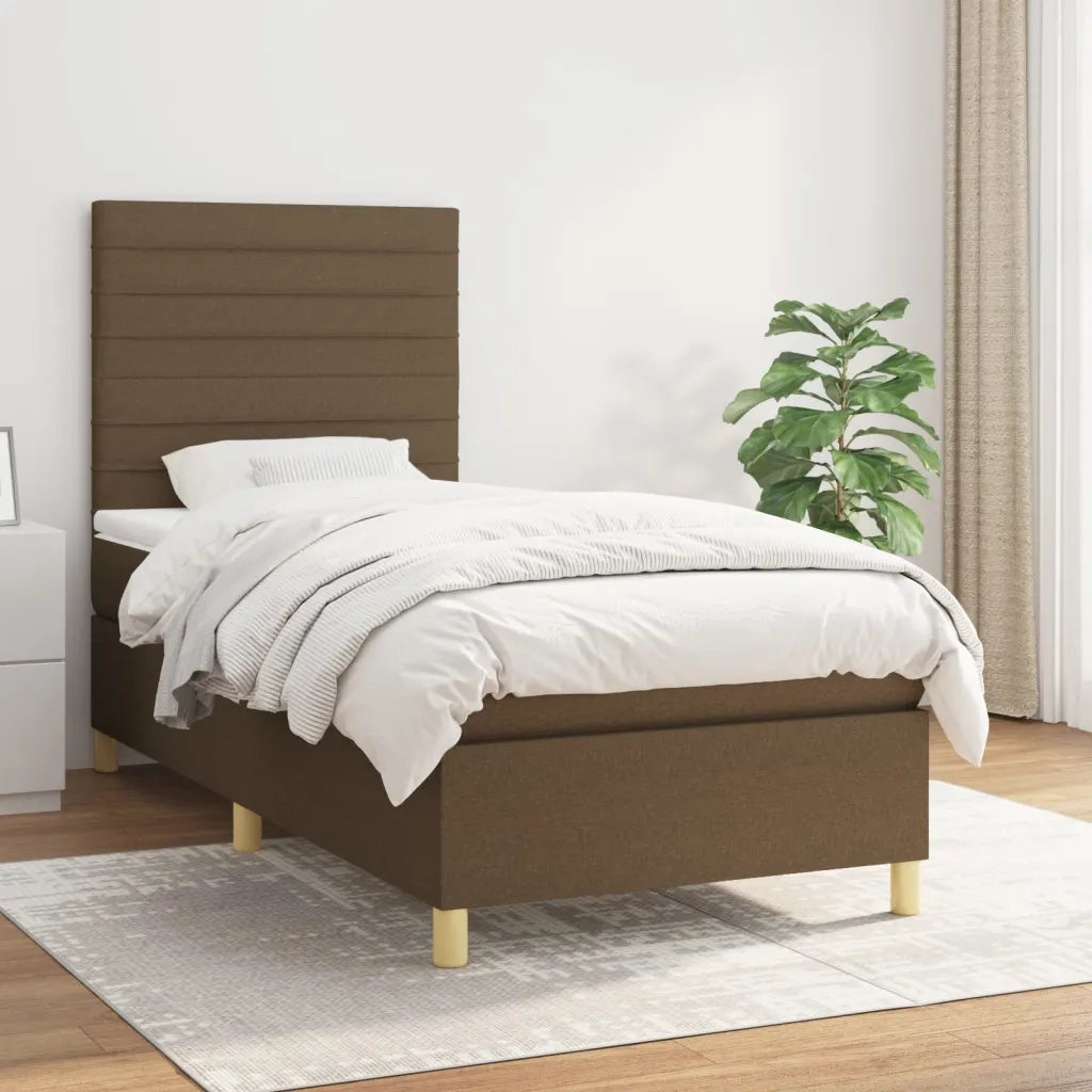 Letto singolo | Letto per adulti | Giroletto a Molle con Materasso Marrone Scuro 90x200 cm Tessuto