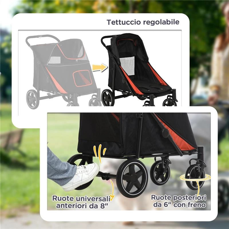 PASSEGGINO PER CANI PIEGHEVOLE CON INGRESSI A CERNIERA E FINESTRE A RETE, 112X65X100 CM, ROSSO E NERO
