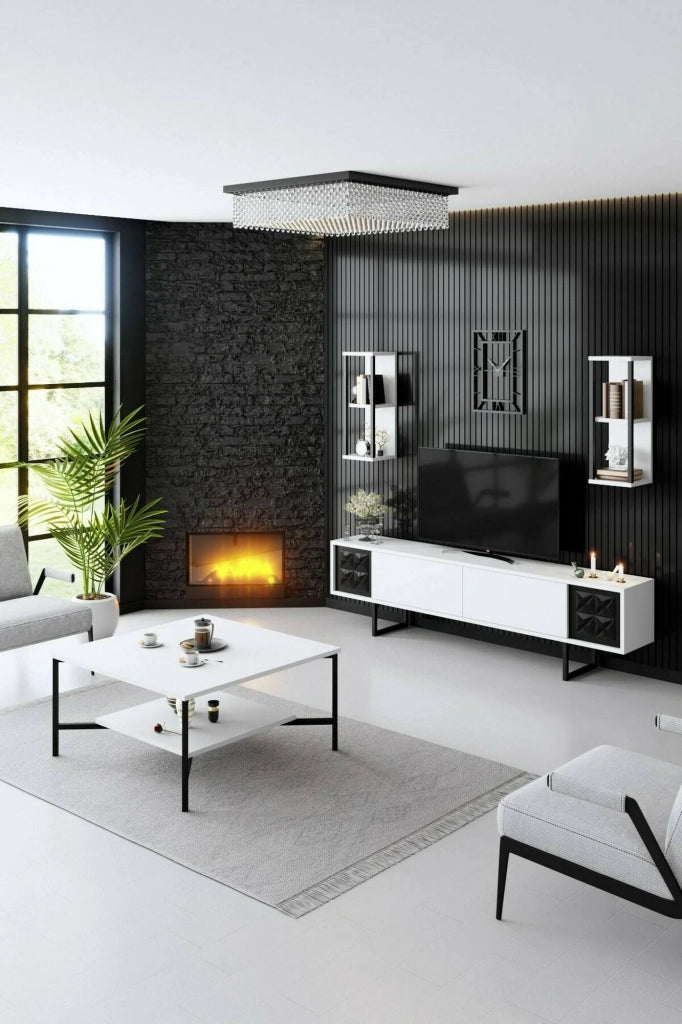 Mobile porta TV Axa, Credenza da soggiorno, Armadio basso per TV, Base parete attrezzata, 180x30h48 cm, Bianco e Nero