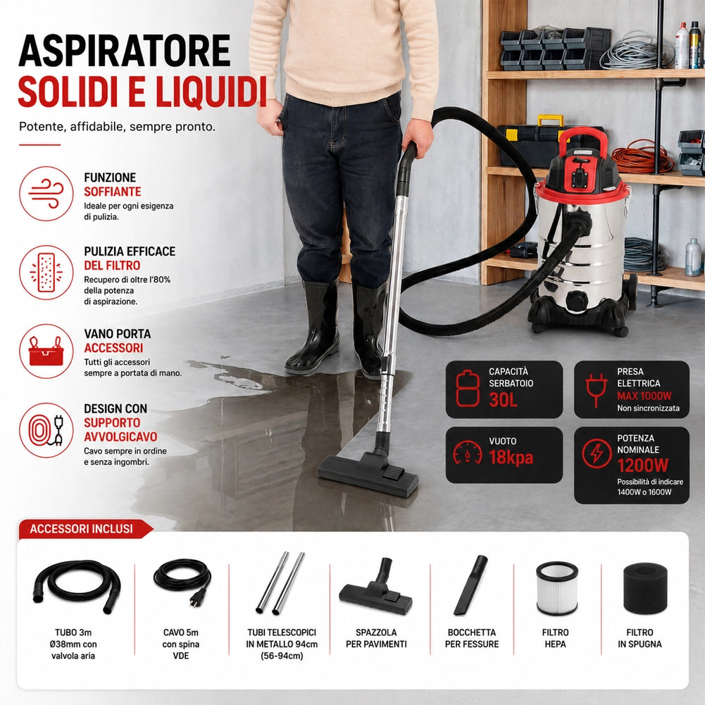 Aspiratore Solidi e Liquidi da 30 L 1200 W Acciaio con Filtro HEPA e Soffiante