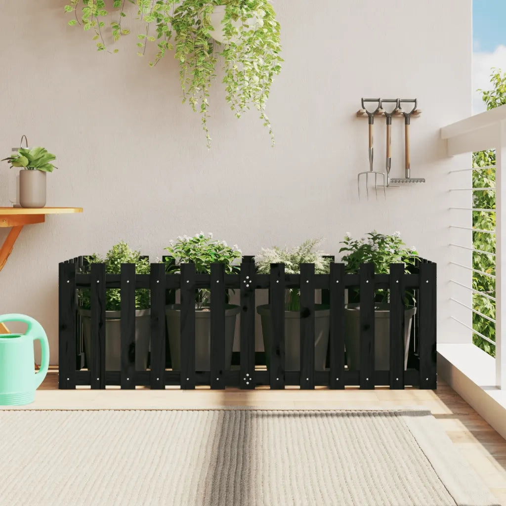 Fioriera Giardino a Recinzione-Vaso con Ringhiera-Contenitore per Piante Nera 150x50x50cm Massello Pino