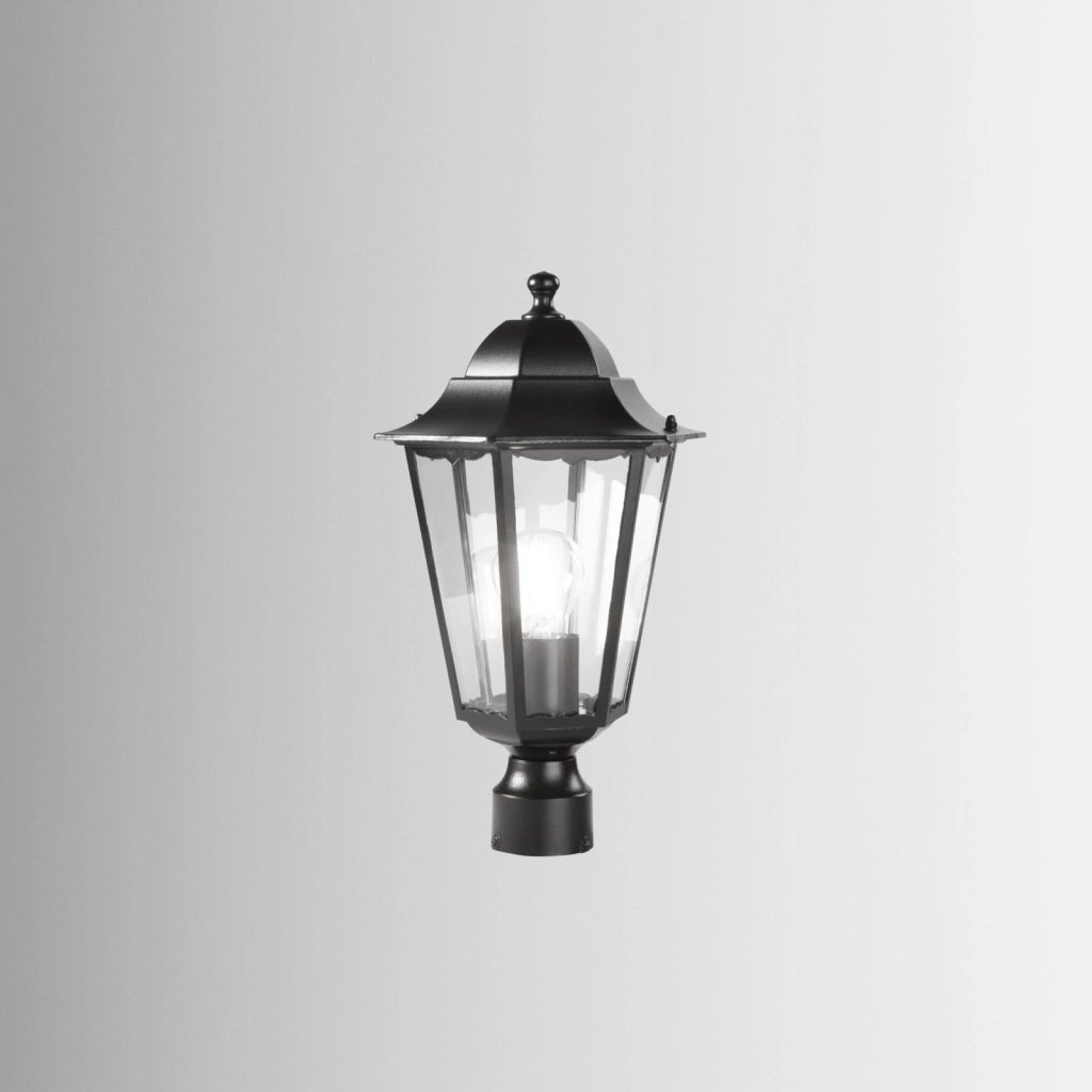 TESTA PALO LANTERNA MILANO NERA CON CASSA DI CONNESSIONE IP44 1 LUCE ATTACCO E27 22X37,5CM ALLUMINIO E VETRO