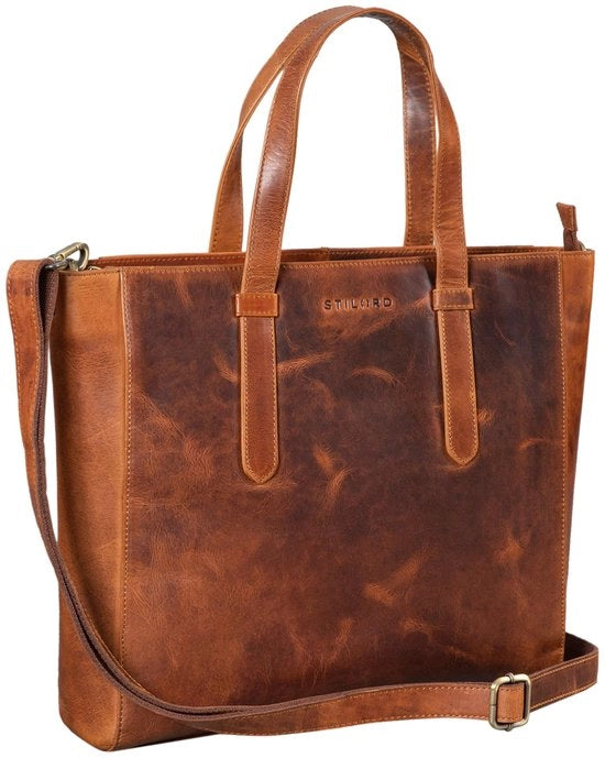 Borsa XL in Pelle Vera da Donna con Schiena Spalancabile, Grande Capacità per Laptop, Vintage, Color: Kara - Cognac