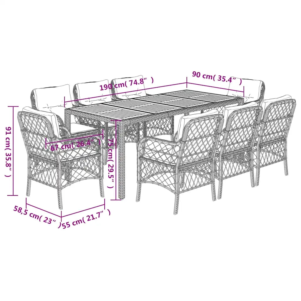 Set da Pranzo da Giardino 9 pz con Cuscini Nero in Polyrattan