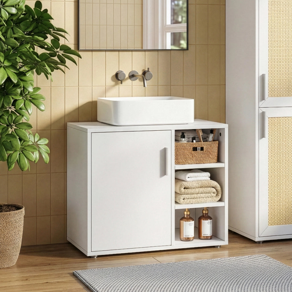 Mobile Sottolavabo Kulaik da Bagno ad Anta e 3 Scomparti Aperti 51 x 60 x 32 cm - Bianco [en.casa]
