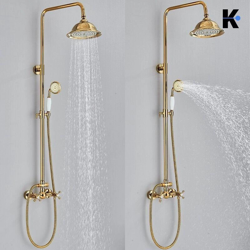 NALA | Set doccia a pioggia vintage in acciaio inossidabile lucido oro | Sistema doccia con rubinetto dal design retrò | Miscelatore doccia completo