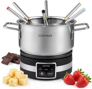COSTWAY 1200W Set Fonduta Elettrica, in Acciaio Inox con Pentola da 2,3L, Base Riscaldante, 6 Forchette, per Formaggio Cioccolato, Temperatura Regolabile e Protezione dal Surriscaldamento