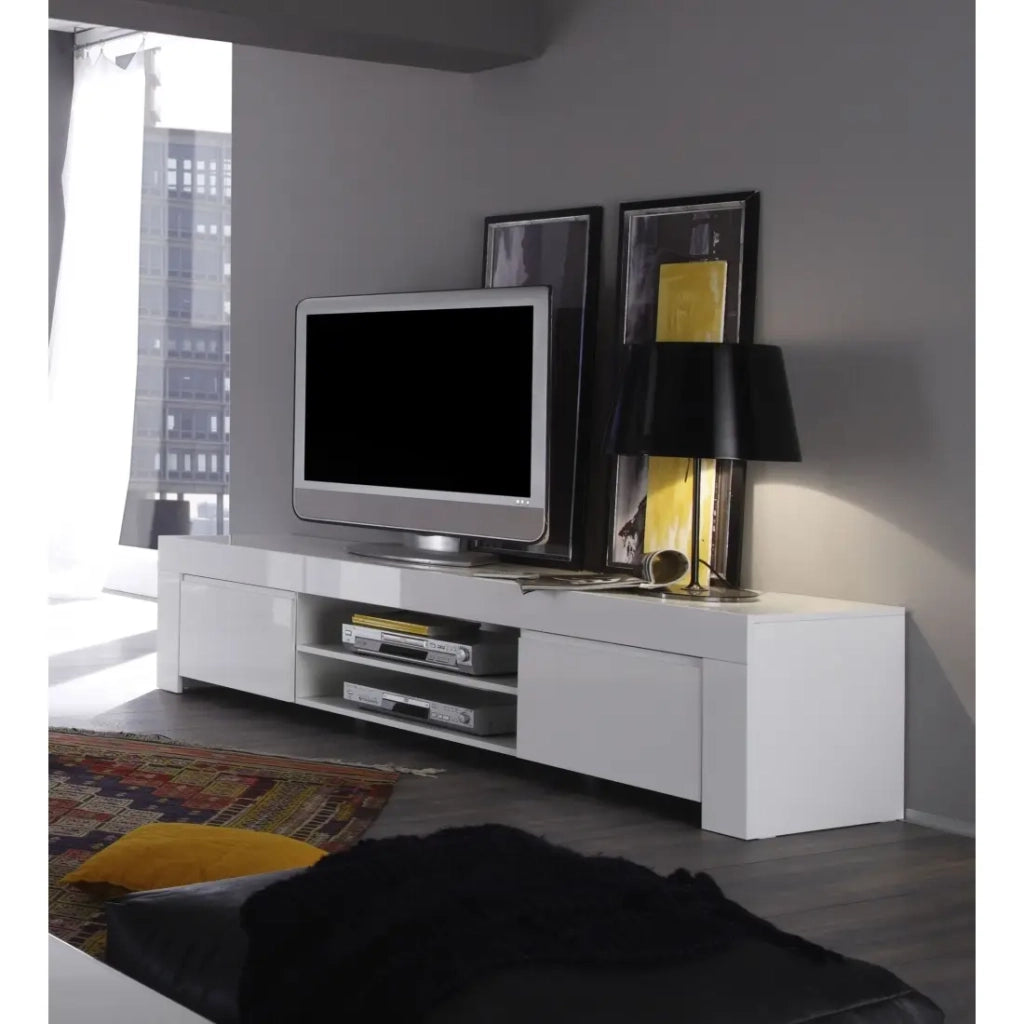 Mobile TV con 2 ante, collezione FOLOMI, colore bianco lucido lacato.