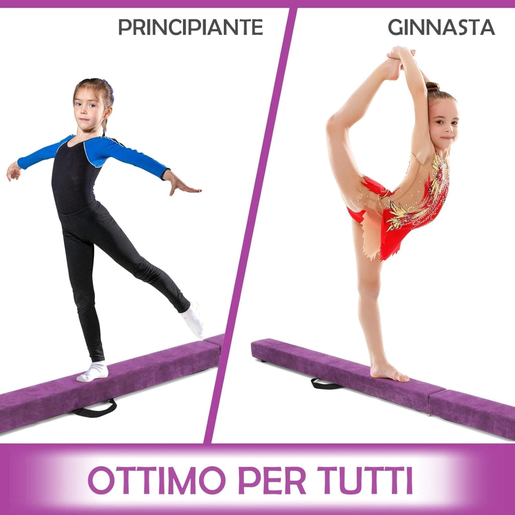 Trave Ginnastica Artistica per Casa 210/240 cm, Trave Pieghevole per Bambini con Maniglia, Base in Legno e Fondo Antiscivolo, Trave di Equilibrio da Pavimento