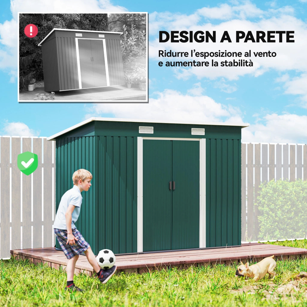Casetta da Giardino 272x134 cm con Porte Scorrevoli Doppie e 2 Prese d'Aria in Acciaio Verde