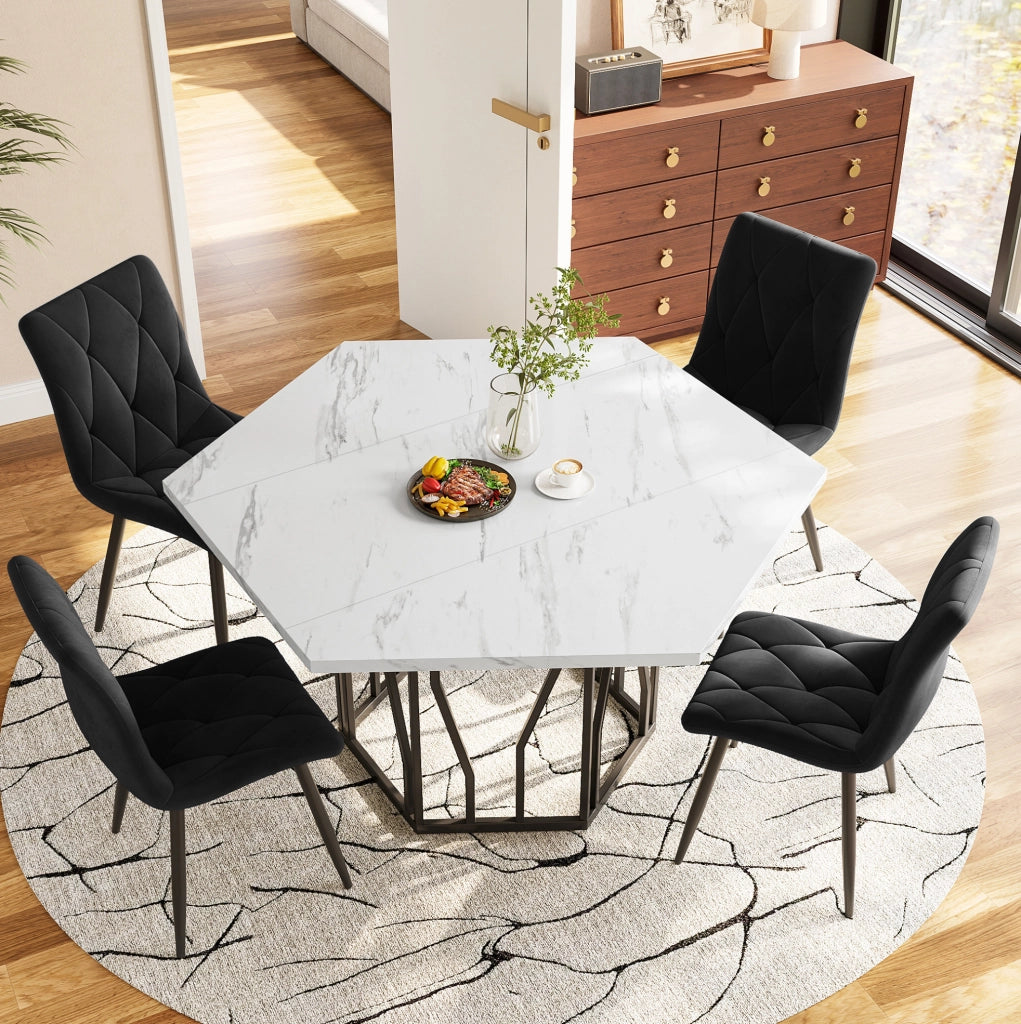 Tavolo da pranzo esagonale in MDF effetto marmo bianco e nero