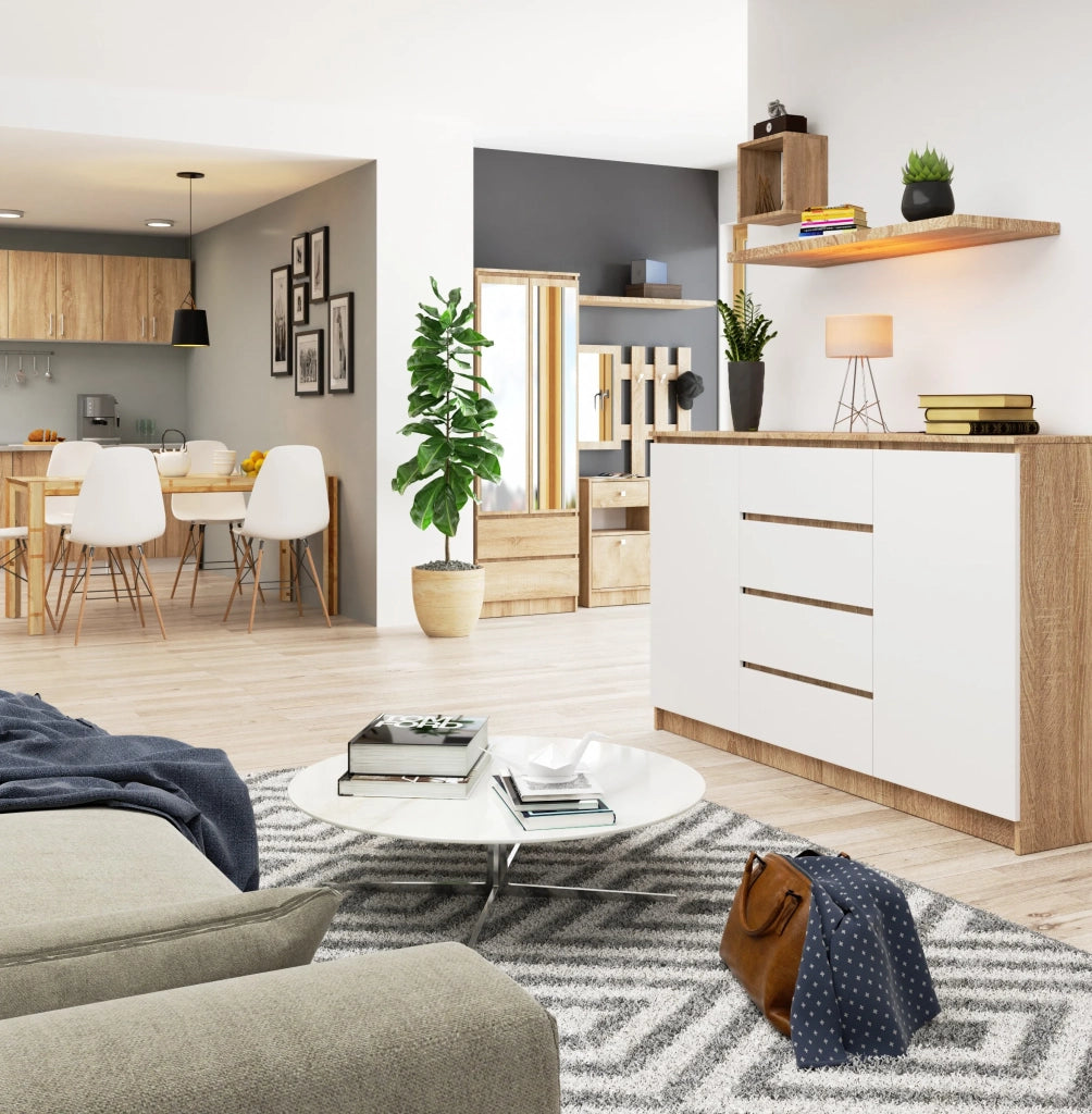 Cassettiera AKORD K160 Sonoma Quercia 160 cm 2 ante 4 cassetti inserto frontale Bianco 160x40x99 cm