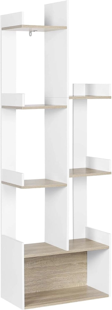 Libreria Verticale Autoportante, Libreria Angolare ad Albero, Porta Libri con 7 Ripiani e 1 Scomparto Aperto, in Truciolare, Bianco e Rovere Chiaro, 49x25x146cm