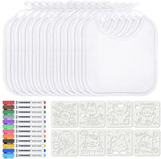 Slabbetjes per Bambino per Schilderia - 12 Slabbetjes Bianchi con 12 Pennelli per Tessuto e 8 Stampi per Segni, Regali per Babyshower, Impermeabili (20 * 17,5cm)