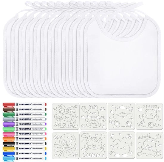 Slabbetjes per Bambino per Schilderia - 12 Slabbetjes Bianchi con 12 Pennelli per Tessuto e 8 Stampi per Segni, Regali per Babyshower, Impermeabili (20 * 17,5cm)