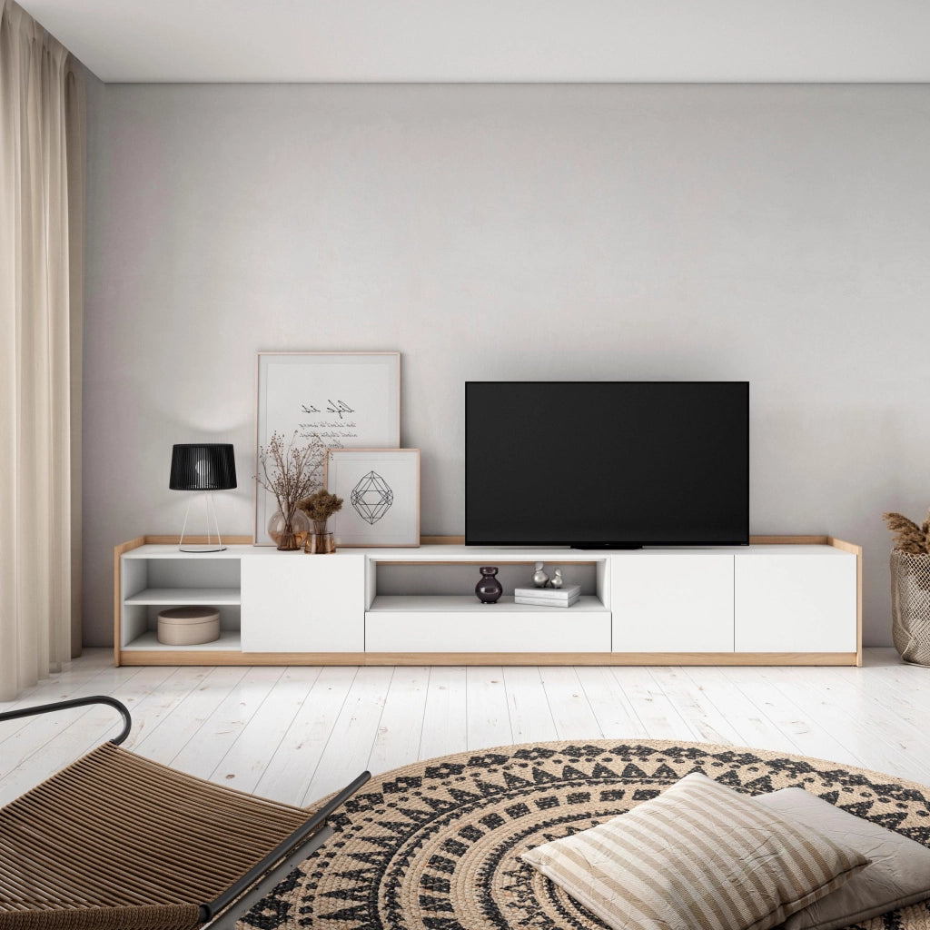 Mobile TV Soggiorno, 310x50x37 cm, Per TV fino a 80", Mobile Soggiorno, Bianco e Rovere soft