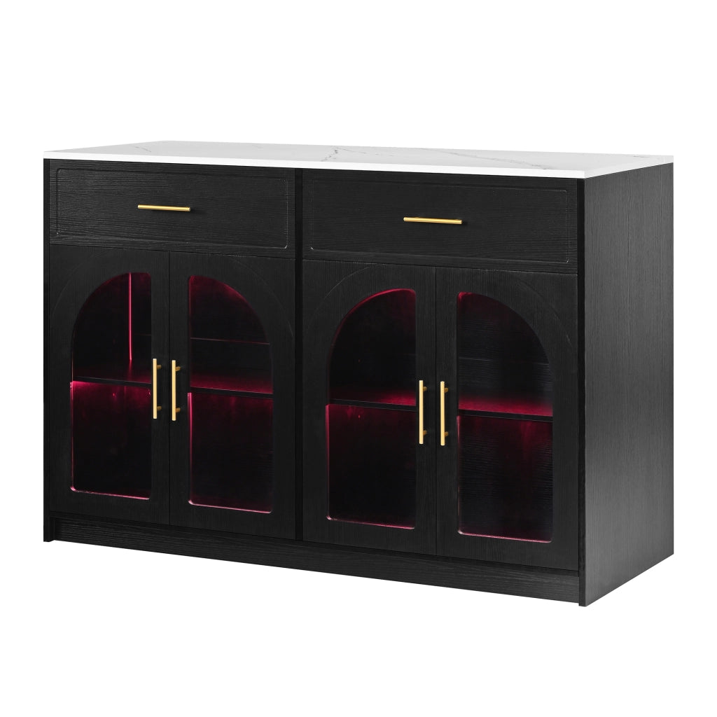 Carrello da cucina con LED, 2 cassetti, ante trasparenti e ripiani regolabili, per cucina e sala da pranzo, nero
