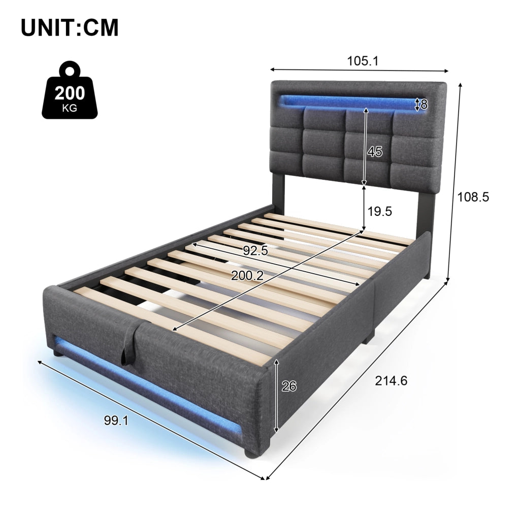 Letto imbottito 90x200 cm in lino grigio con LED APP; vano contenitore idraulico e porta USB