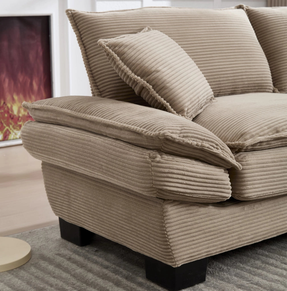 Divano 2 posti in corduroy khaki con braccioli e cuscini; 224x81x81 cm