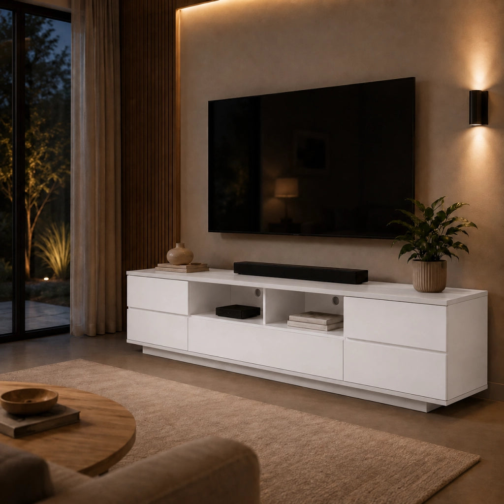 Mobile Televisore Moderno Con 4 Ante 1 Anta A Ribalta 2 Vani A Vista Con Passacavi Per Soggiorno Zona Living Salotto In MDF Resistente 180 x 38 x 46 Cm Bianco