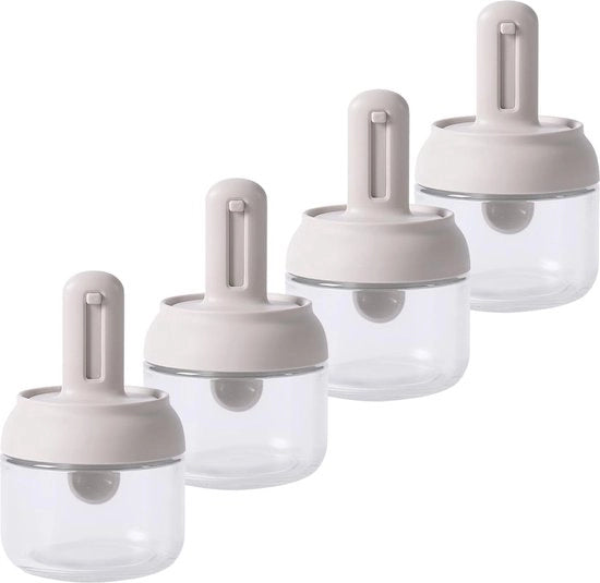 Set di contenitori in vetro per spezie con coperchio e cucchiaio retrattile - Set di 4 contenitori a tenuta di aria (280 ml)
