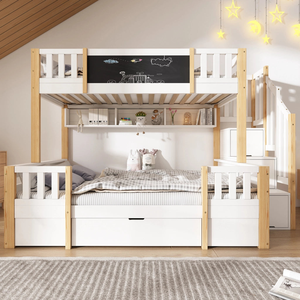 Letto a castello per bambini 90x200 e 140x200 cm in legno massiccio; bianco e naturale