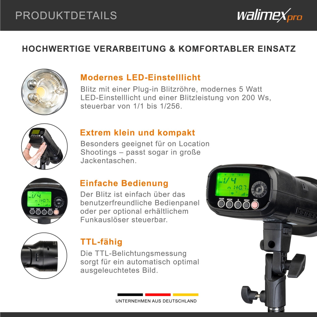 Flash fotografico a batteria Mover 200 TTL, portatile con ricevitore a 2,4 GHz, compatibile HSS e TTL, capacità di 2.900 mAh, potenza 200 W, per fotografia outdoor