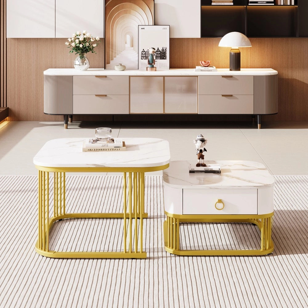Tavolino da Caff¨¨ Impilabile Set 2 Pezzi ¨C MINIMAL ¨C Effetto Marmo Lucido con Cassetti, Gambe Dorate