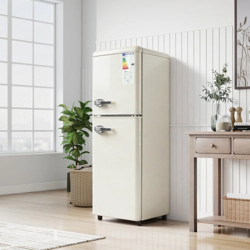 Frigorifero a doppia porta (112L) – controllo della temperatura a 7 livelli; classe di efficienza energetica E; luce LED; ripiani regolabili e portauova – Crema