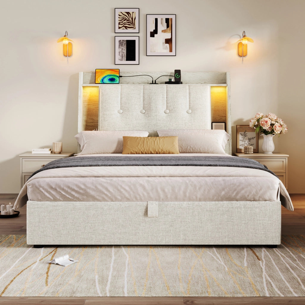 Letto imbottito 90x200 cm con USB Type-C; contenitore ribaltabile e LED; lino beige