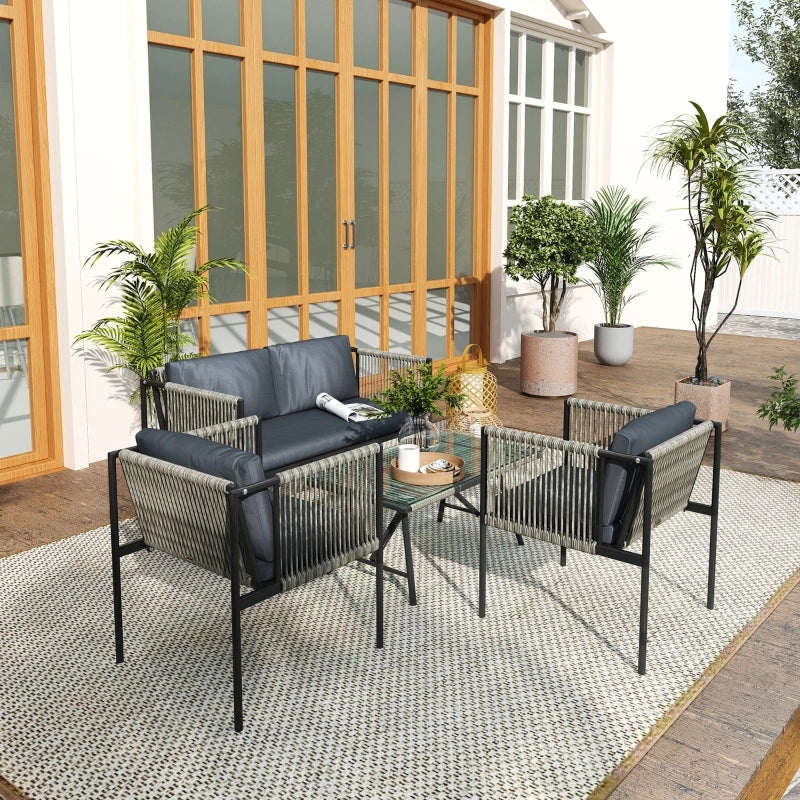 Set da balcone a 4 pezzi con 2 poltrone, divano a 2 posti e tavolino in rattan resistente ai raggi UV grigio