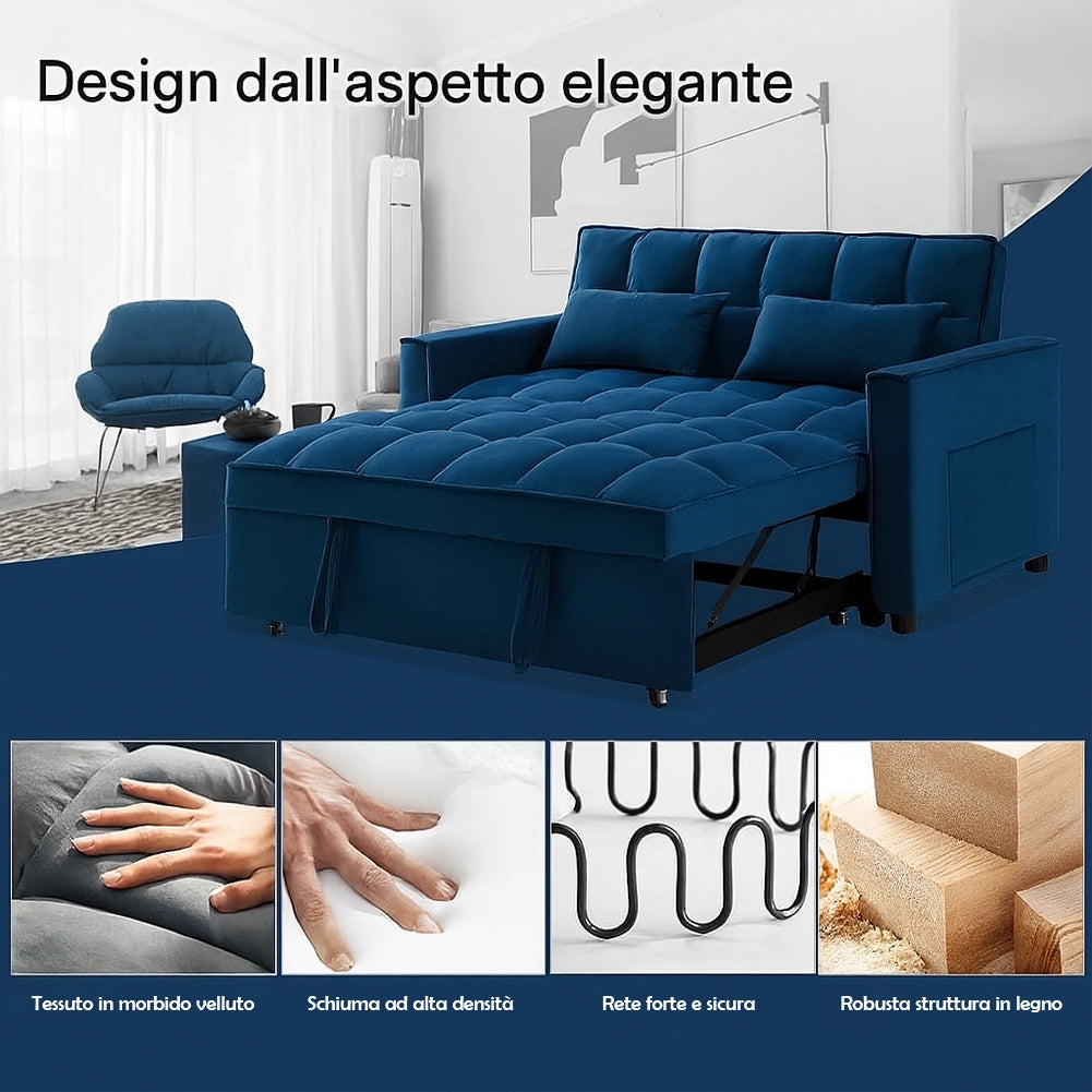 Divano Letto Apribile Reclinabile 3 Posizioni con Rivestimento in Velluto Blu