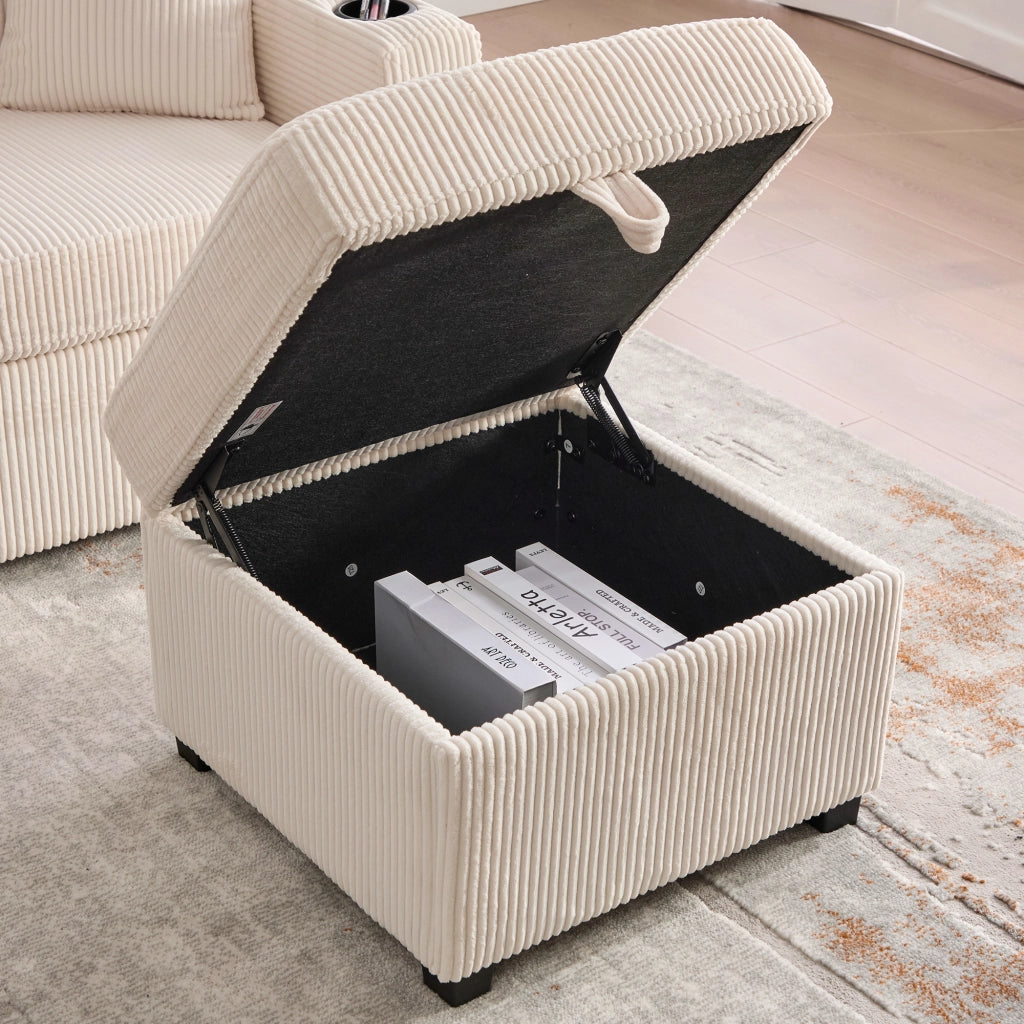 Divano Angolare Modulare con LED; USB e Type-C; Contenitore; Tasche Laterali e Portabicchieri; in Velluto a Coste Beige