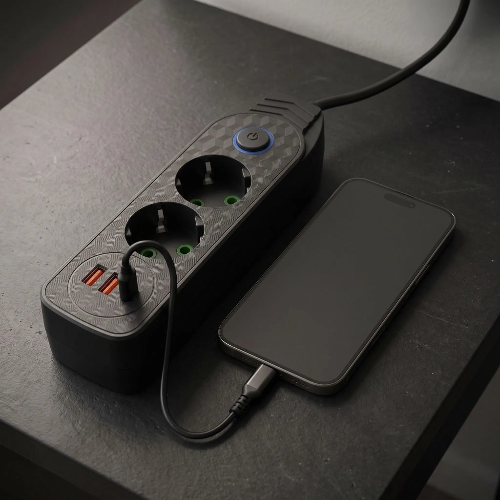 Multipresa Con Prolunga, 2 Prese + 2 Porte Usb-a + Usb-c Jnh023-2b Black