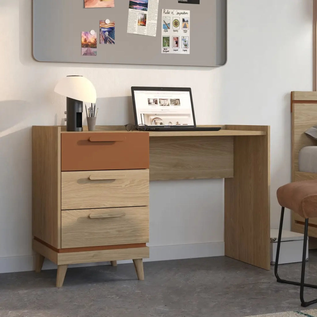 Scrivania scandinava NOKI – Rovere chiaro e moka – 3 cassetti di stoccaggio