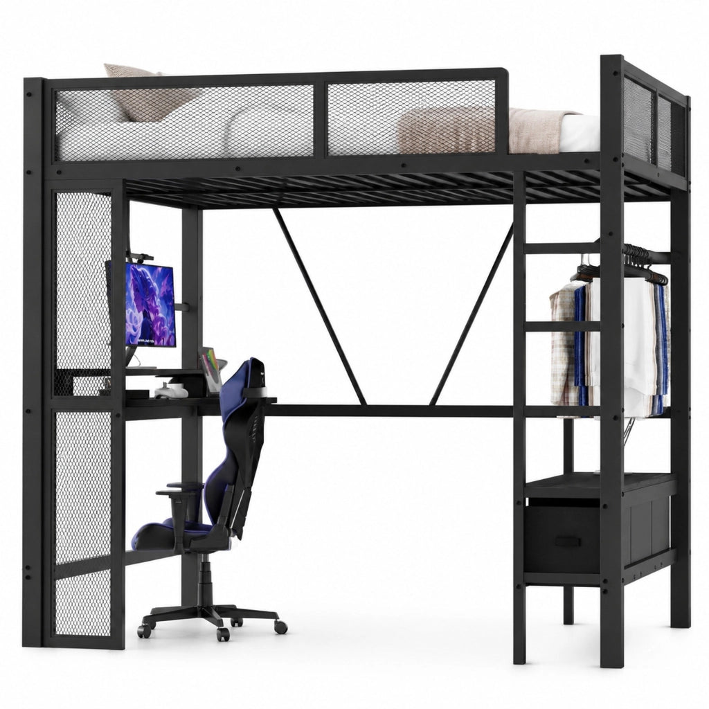 Letto a soppalco 140x200 cm nero con scrivania, LED, armadio aperto e cassetti