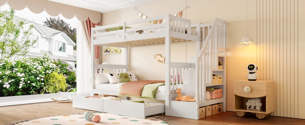 LETTO a castello con scala e 2 cassetti 90x200 cm in pino e MDF bianco