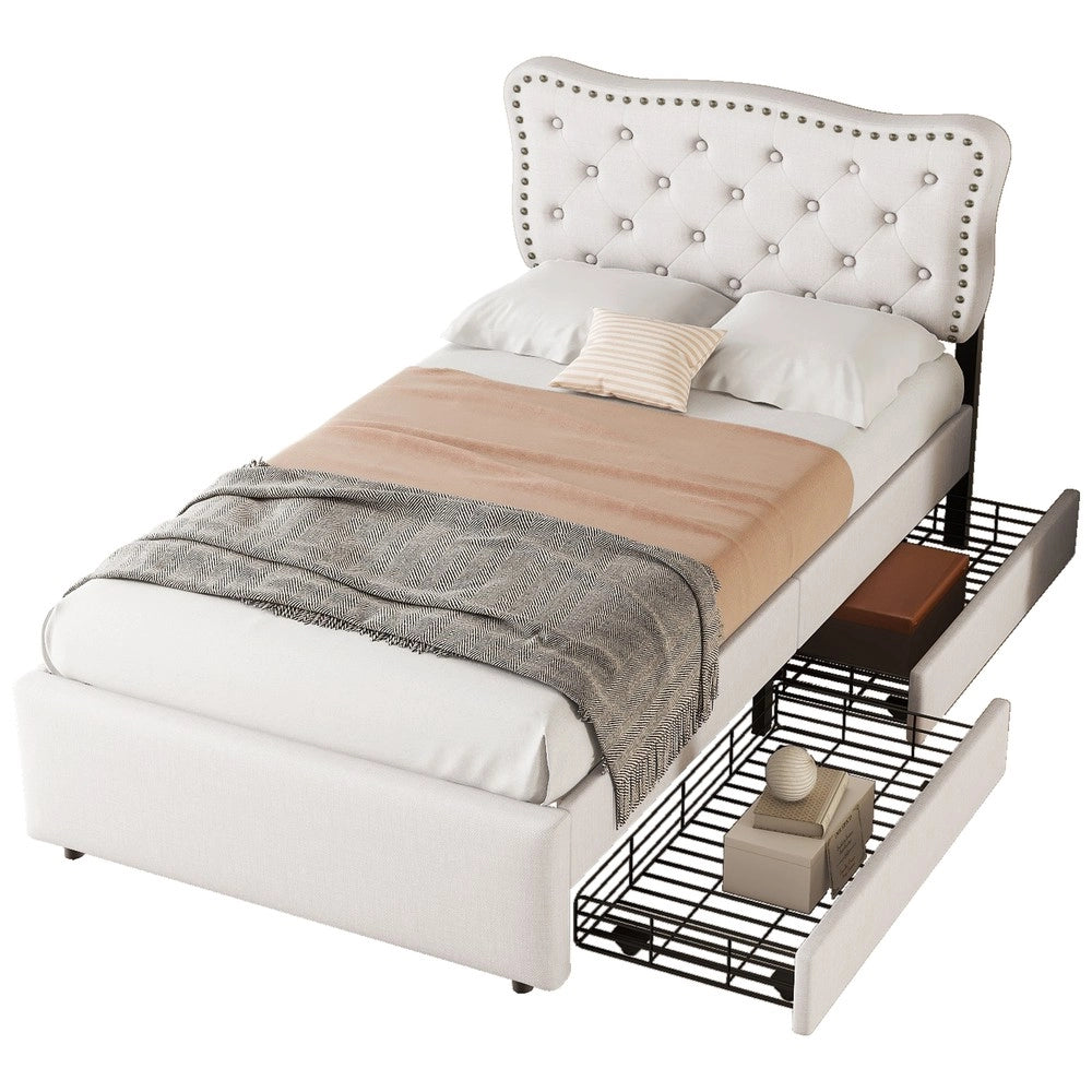 Letto Imbottito con Cassetti 90x200 ¨C MINIMAL ¨C Beige, Testiera con Borchie