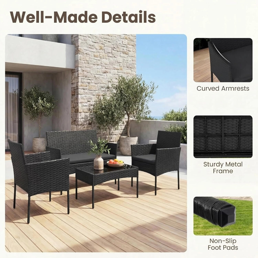 Salotto da Giardino Esterno 4 Pezzi, Set da Esterno in Rattan con Tavolino con Piano in Vetro, Divano 2 Posti e 2 Poltrone, Set da Conversazione con Cuscini per Patio, Balcone e Terrazzo (Nero)