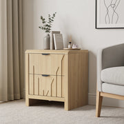 Comodino con 2 cassetti in finitura rovere, stile mid-century moderno con maniglie in metallo, 1 pezzo