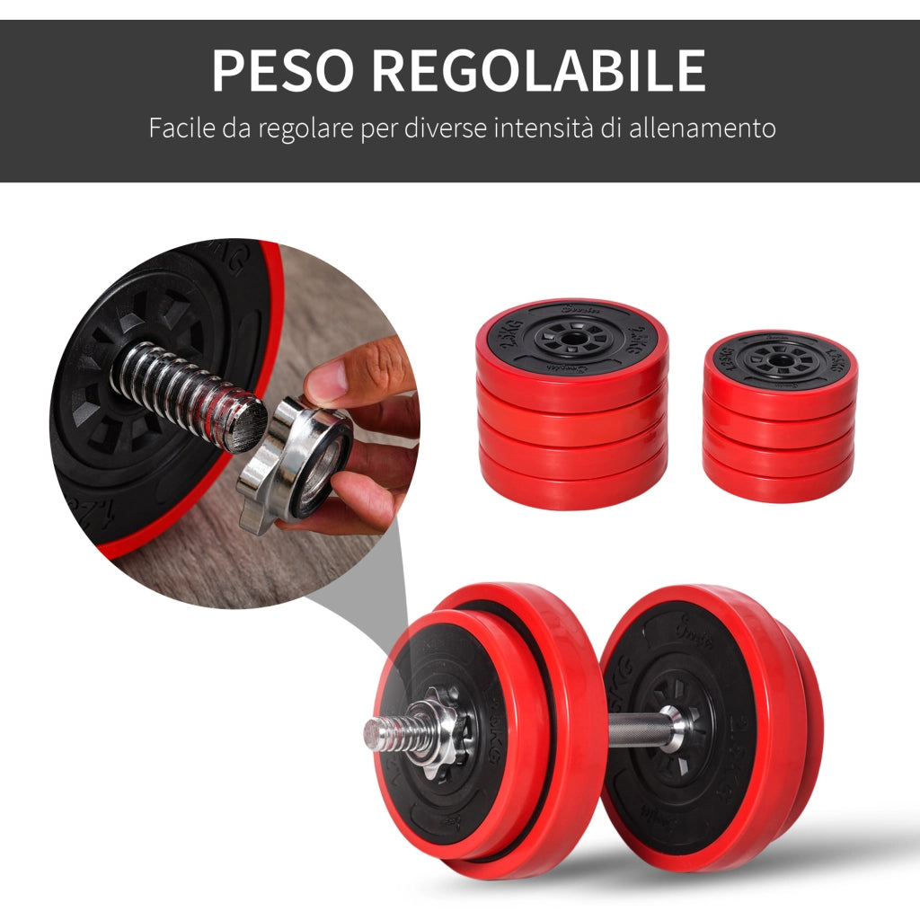 EasyComfort Set 2 in 1 Bilanciere e Manubri Pesi da 20kg, Dischi con Rivestimento in Plastica Antigraffio, Rosso e Nero