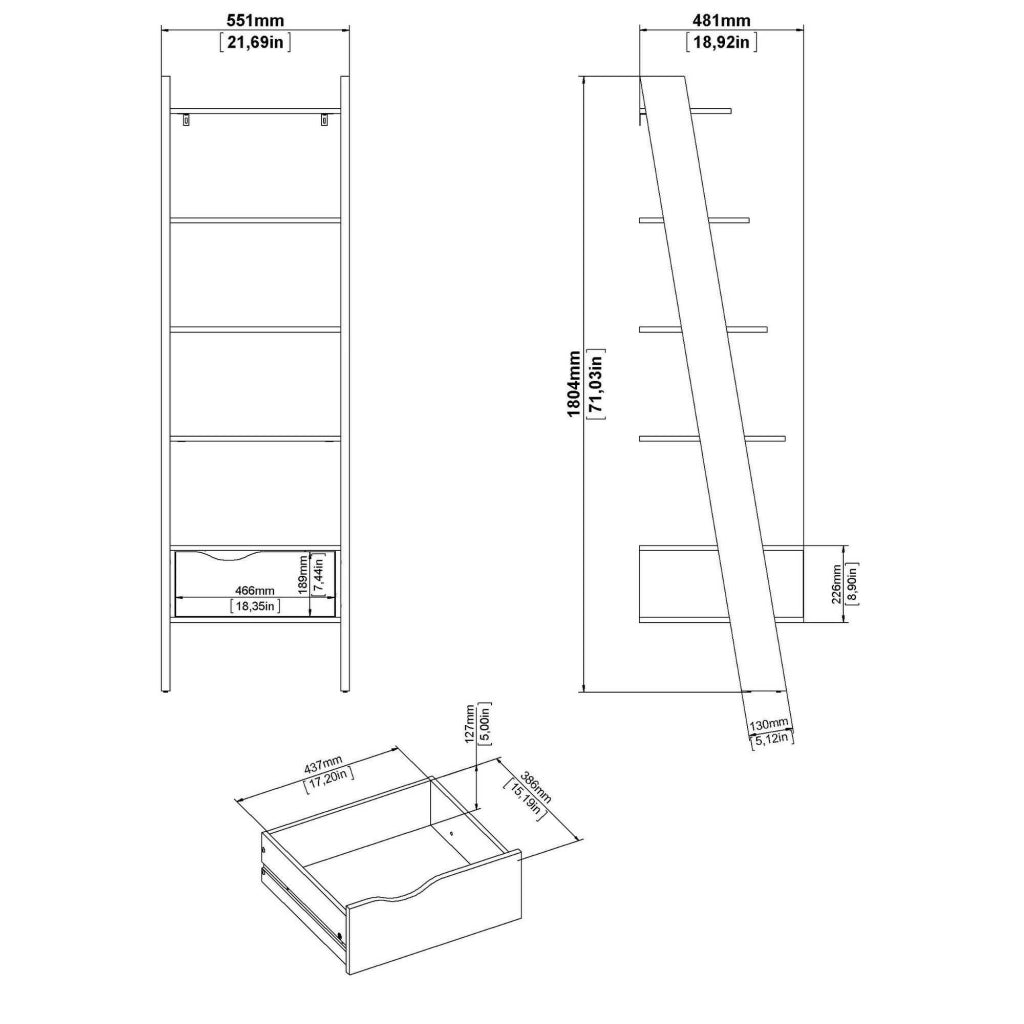 Libreria con un cassetto e quattro Acascia, colore bianco e rovere, cm 55 x 180 x 48.