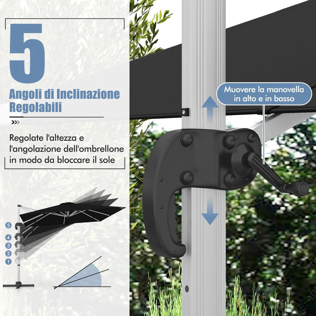 Ombrellone da Giardino, con Base Incrociata, Ombrellone Quadrato da Esterno con Palo in Alluminio e Girevole a 360°, Manovella e Inclinazione Regolabile, 300 x 300 cm (Nero)