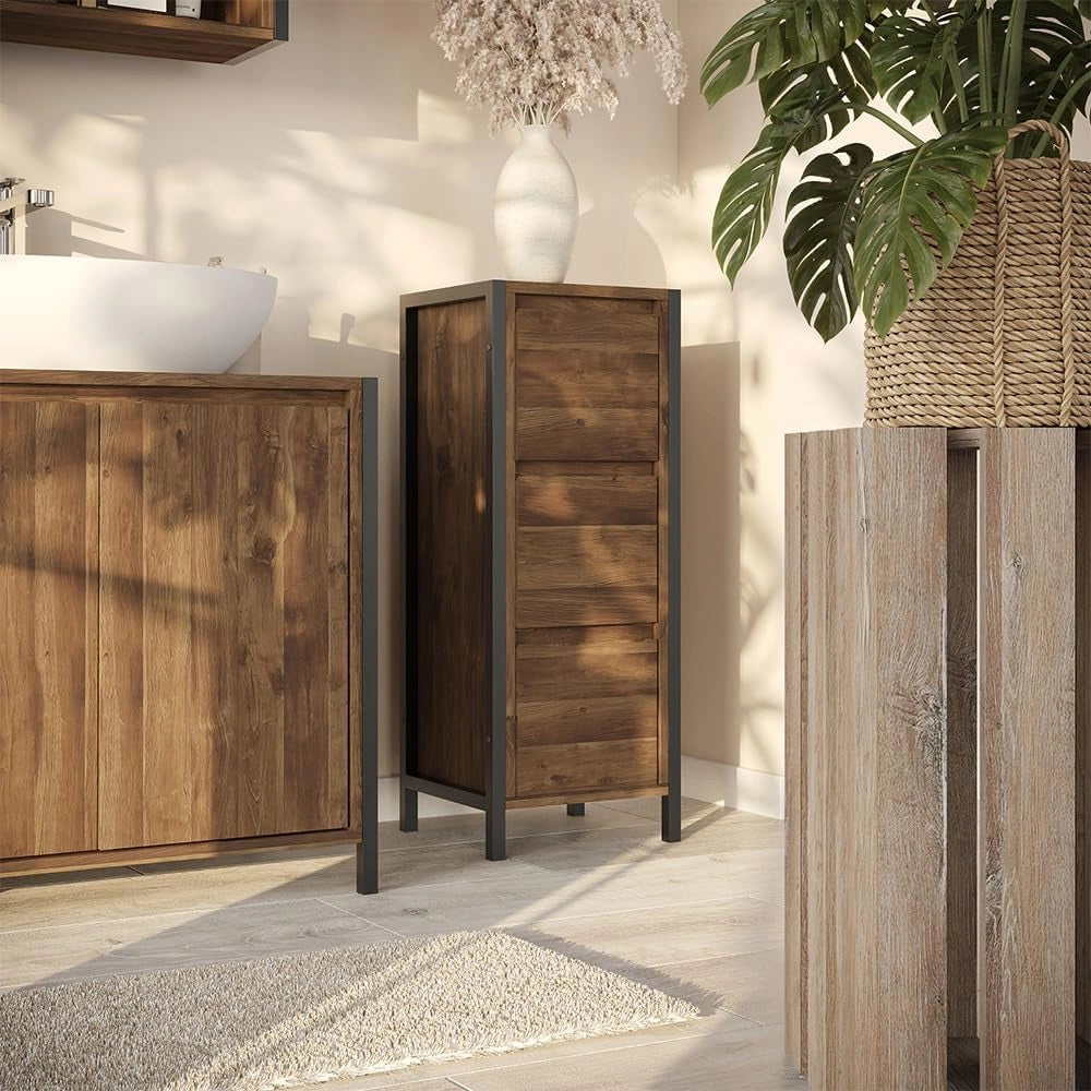 mobiletto bagno Naola, Quercia/nero, 30 x 80 cm con 3 cassetti, per la conservazione di articoli da bagno e asciugamani