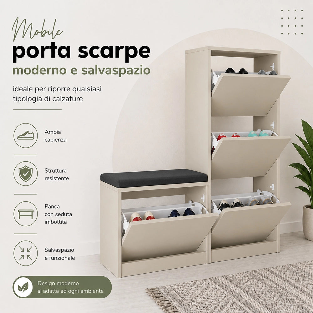 Scarpiera Salvaspazio 3 Ante Mobile Portascarpe 105x118,5 cm Multiuso Sabbia